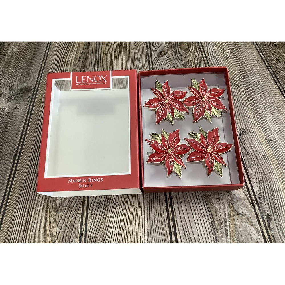 Lenox Poinsettia Red and Gold Napkin Rings Set of 4 #7400 NEW IN BOX